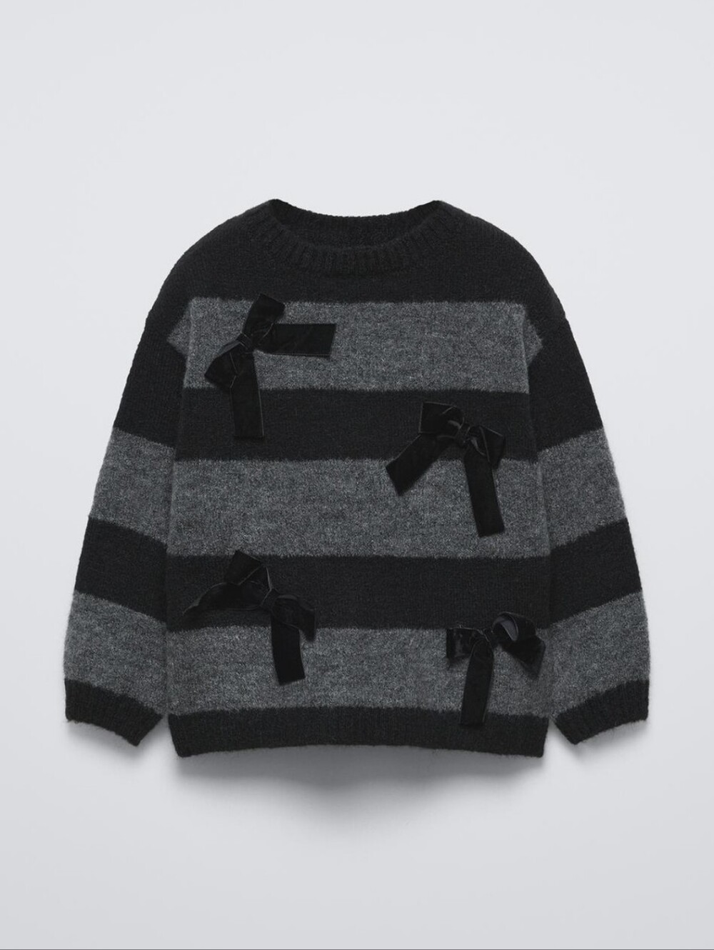 Zara Black & Gray Striped Crewneck Sweater with Bow Accents
